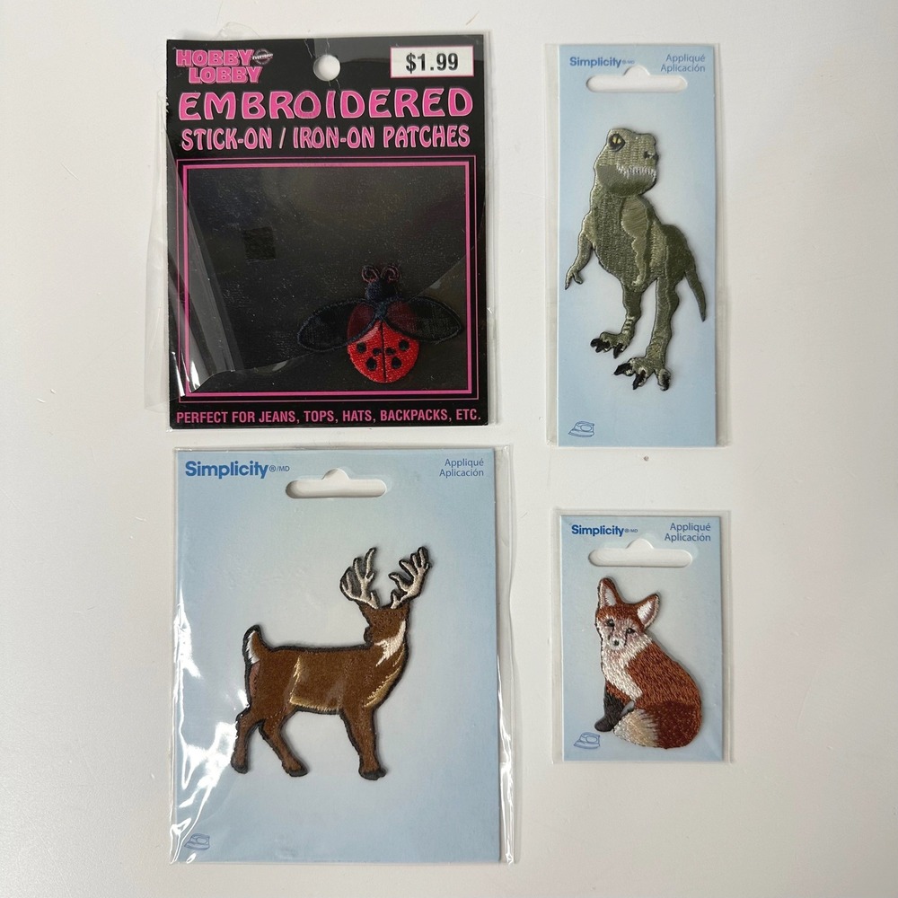 4 Animal Patches Appliques Fox Deer Dinosaur Ladybug Iron-On Stick On